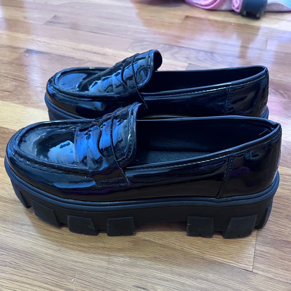 Halston Black Patent Leather Platform Loafers